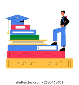 Male Student Climbing Books Towards Graduation in Flat Vector Illustration Symbolizing Education, Knowledge, and Academic Achievement, Isolated on White Background.