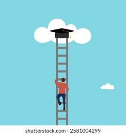 Male student climbing ladder to graduation hat in flat design. Education knowledge, diploma, College, University. Education success concept.