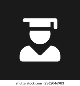 Male student dark mode glyph ui icon. Graduate. Alumnus of college. User interface design. White silhouette symbol on black space. Solid pictogram for web, mobile. Vector isolated illustration