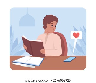 Male student distracted by social media 2D vector isolated illustration. Engrossed teenager flat character on cartoon background. Colourful editable scene for mobile, website, presentation