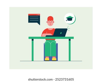 Estudante do sexo masculino fazendo trabalho do campus através de laptop, estudando para projetos universitários. Design de caracteres. Ilustração em plano vetorial