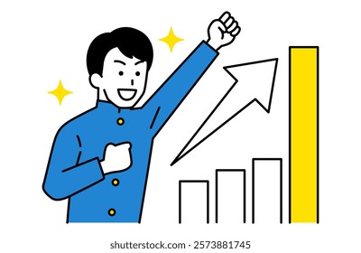 Male student doing a fist pump with a growing graph