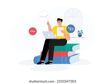 a male student is doing his homework by watching videos online
flat design, vector illustration