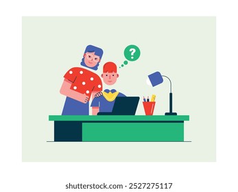 A male student doing homework in a study room with help from his mother. Design character. Vector flat illustration