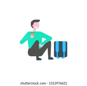 Male student drinking coffee sitting on floor vector isolated person. College learner with backpack having break, teenager in green sweater and trousers