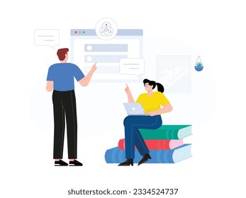 a male student is explaining a mathematical formula online video to a female student who is sitting with her laptop in her lap, they are doing homework together
flat design, vector illustration
