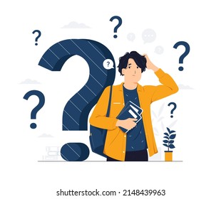 Male Student feeling confused while looking up with thoughtful focused expression, Questioned, thinking, and curious with question mark concept illustration