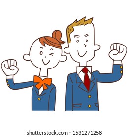 Male student and female student in blue blazer posing guts