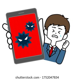 
A male student frightened by a smartphone eroded by a virus