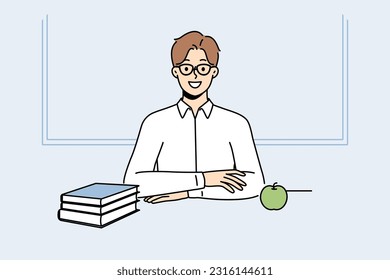 Male student in glasses sit at desk with books. Smiling man with textbooks on table in university or college. Education and wisdom. Vector illustration. 