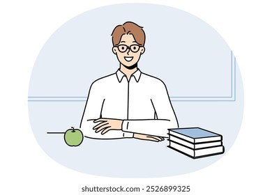 Male student in glasses sit at desk with books. Smiling man with textbooks on table in university or college. Education and wisdom. Vector illustration.