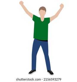 A male student in a green shirt stands and waves his hands
