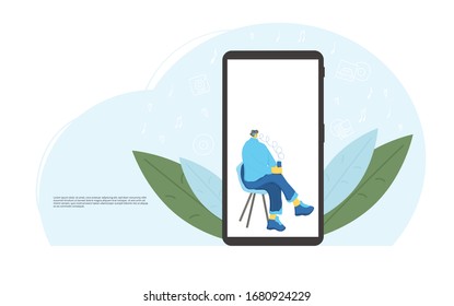 Male student in headphones sitting in comfy chair and listening music on phone screen. Boy wearing in casual clothes spending time by own company with his  favourite songs. Vector flat illustration. 