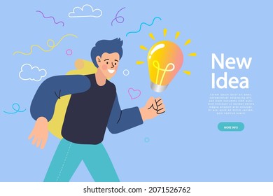 Male student holding big light bulb. Happy man with a light bulb. New creative idea, problem solved, creative thinking, startup, innovation, motivation, inspiration. Vector flat illustration.