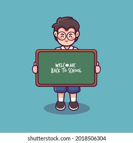 a male student holding a black board back to school. a cute male schoolboy vector. back to school background. boy in school uniform