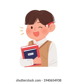 A male student holding a book and winking. A vector illustration of an Asian male student character wearing a school uniform.