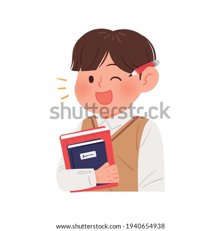 A male student holding a book and winking. A vector illustration of an Asian male student character wearing a school uniform.