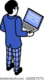 The male student holding a laptop - Blue Monochrome