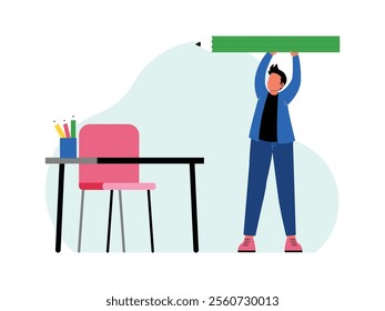 a male student is holding up a large pencil, in his classroom there are also desks, chairs, rulers and pens.
design, vector, illustration