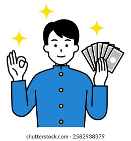 Male student holding money and making an OK sign