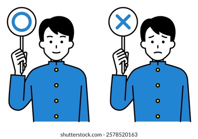 Male student holding OK and NG marks