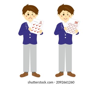 Male student holding a test answer sheet.