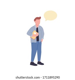Male student holding textbook flat color vector faceless character. Man in casual clothes talking. Person with speech bubble isolated cartoon illustration for web graphic design and animation