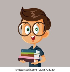 
Male Student Holding Textbooks Vector Cartoon Illustration. Elementary schoolboy with many books preparing for exams
