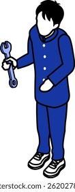Male Student holding a wrench in his hand - Blue Monochrome