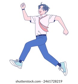 Male student jumping energetically in summer uniform