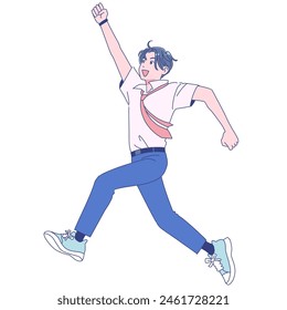 Male student jumping energetically in summer uniform