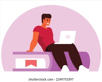 Male student with a laptop lying on his knees sits on a huge book. Happy young man sit and surf internet with computer, learning online. Vector graphics