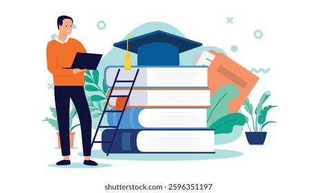 Male student with laptop - Young adult man standing with educational school books using computer and studying or learning online. Flat design vector illustration on white background