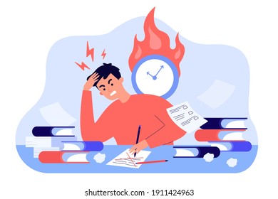 Male student learning before exams or writing test flat vector illustration. Cartoon angry character doing hard assignments and preparing for module work. Study and knowledge concept