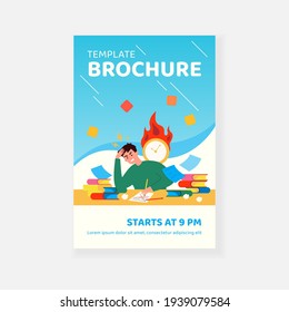 Male student learning before exams or writing test flat vector illustration. Cartoon angry character doing hard assignments and preparing for module work. Study and knowledge concept