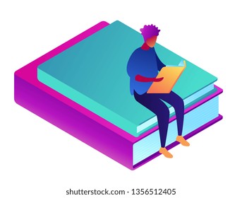 Male student learning and sitting on books, tiny people isometric 3D illustration. Education and school, study and literature, knowledge and library concept. Isolated on white background.