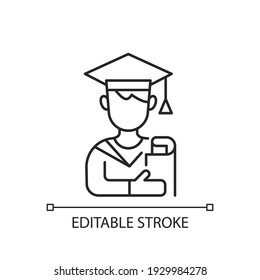 Male student linear icon. Early adulthood. Establishing identity. Pursuing education. Thin line customizable illustration. Contour symbol. Vector isolated outline drawing. Editable stroke