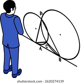 Male student looking at figure - Blue Monochrome
