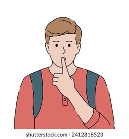 Male student make silence sign. Tell secret and private information concept. Hand drawn vector illustration