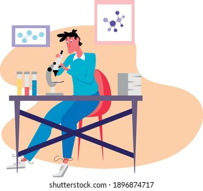 Male student with microscope sitting to table. Flat design illustration. Vector
