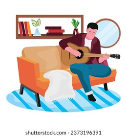 Male student playing guitar in his room