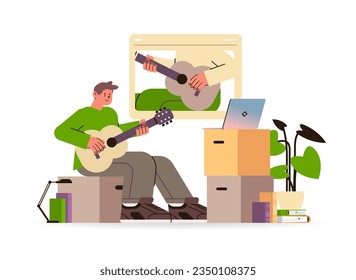 male student playing musical instrument guitarist teaching online people how to play guitar online music lessons concept