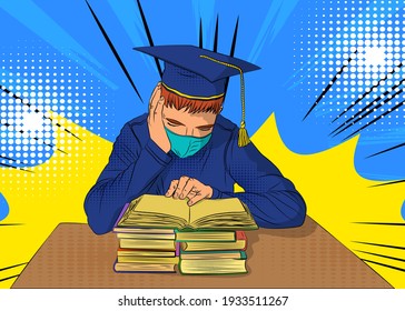 Male student preparing for exams with a lot of books, wearing graduation cap and mask. College University or High School Graduation. Comic book style vector illustration.