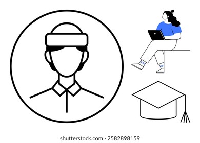 Male student profile in circle, girl studying with laptop, graduation cap. Ideal for education, online learning, student projects, academic achievements, e-learning platforms, digital courses