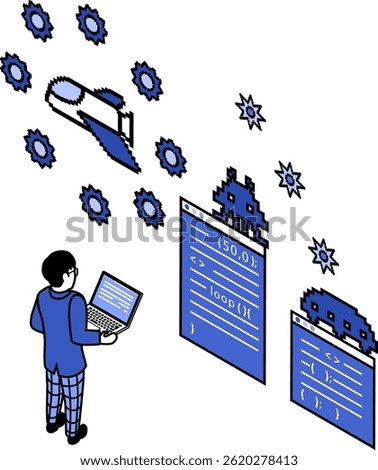 Male student programming a game - Blue Monochrome