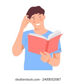 Male student reading a book with a confused expression. Boy likes to learn from textbooks in a relaxed way. Vector illustration.