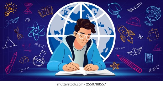 Male student reading a book at a desk with a technology  in the background, featuring colorful education-themed elements like icons, world and doodles. Perfect for learning and back-to-school 