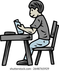 Male Student Reading Book at Desk