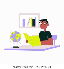 Male Student Reading A Book In Flat Vector Illustration Symbolizing Knowledge, Education, And Learning, Isolated On White Background