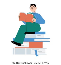 Male Student Reading A Book Sitting On A Stack Of Books In Flat Vector Illustration Symbolizing Knowledge, Literature, And Education, Isolated On White Background